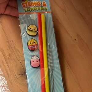Cute Food Straw Set with Burger, Fries & Drink Toppers - Red & Yellow